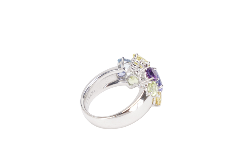 TASAKI COLOR STONE AND DIAMOND RING 18K WG SETTINGS 9.4G 0.17CT WITH BOX