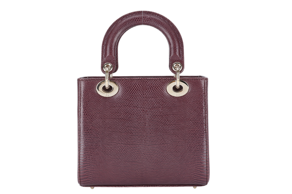 CHRISTIAN DIOR LADY DIOR MINI BURGUNDY LIZARD SKIN GOLD HARDWARE WITH STRAPS, CITIES REPORT AND DUST COVER