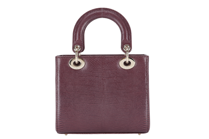 CHRISTIAN DIOR LADY DIOR MINI BURGUNDY LIZARD SKIN GOLD HARDWARE WITH STRAPS, CITIES REPORT AND DUST COVER