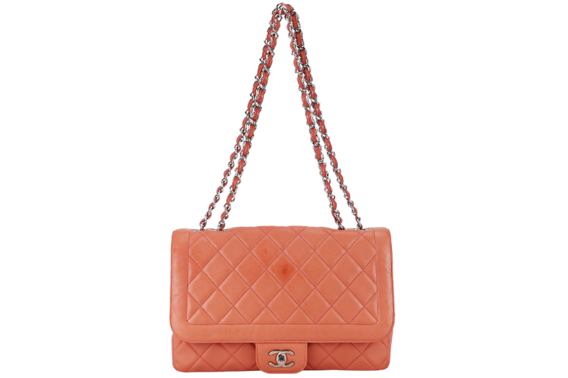 CHANEL COCO RIDER FLAP BAG (1465xxxx) LARGE PINK LAMBSKIN SILVER HARDWARE WITH CARD