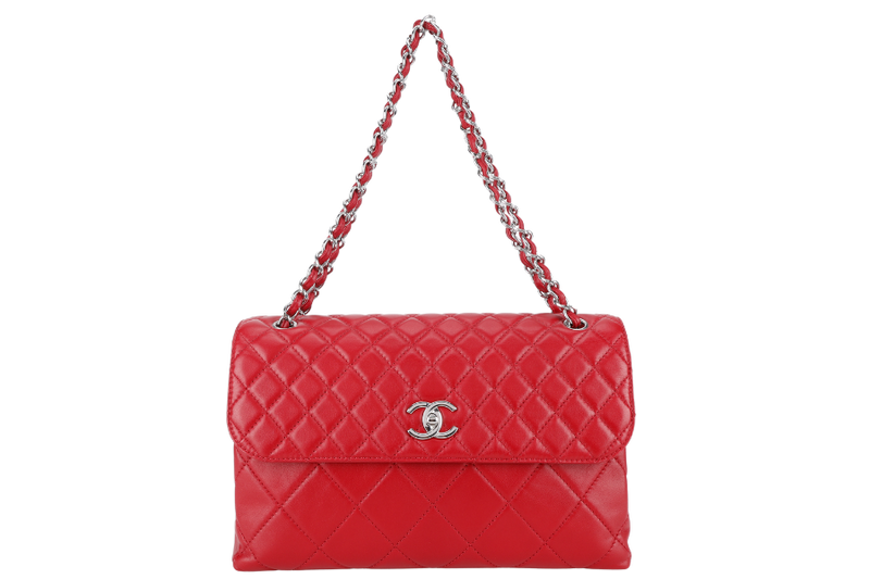 CHANEL SINGLE FLAP BAG (1444xxxx) RED QUILTED LAMBSKIN SILVER HARDWARE WITH CARD