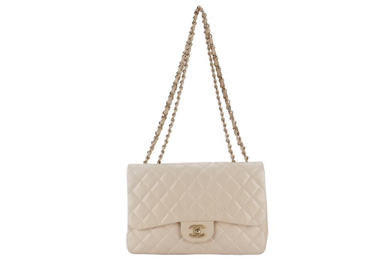 CHANEL CLASSIC SINGLE FLAP (1309xxxx) JUMBO BEIGE LAMBSKIN GOLD HARDWARE WITH CARD