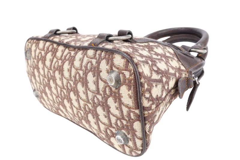 CHRISTIAN DIOR VINTAGE OBLIQUE TROTTER SATCHEL BAG BROWN LEATHER BEIGE CANVAS SILVER HARDWARE (07-BO-0036) NO DUST COVER