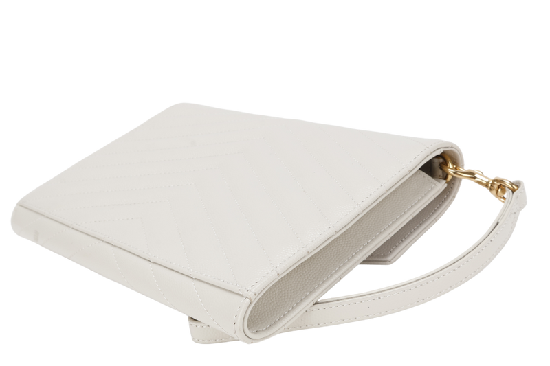 YVES SAINT LAURENT (YSL) CASSANDRE MATELASSE FLAP CLUTCH IN GRAIN DE POUDRE WHITE LEATHER GOLD HARDWARE WITH DUST COVER AND BOX