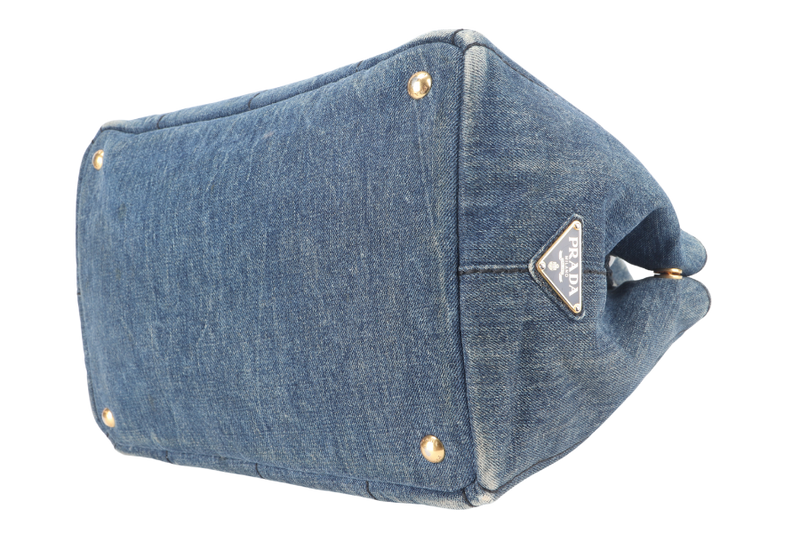 PRADA CANAPA TOTE BAG DENIM BLUE CANVAS LEATHER GOLD HARDWARE NO DUST COVER
