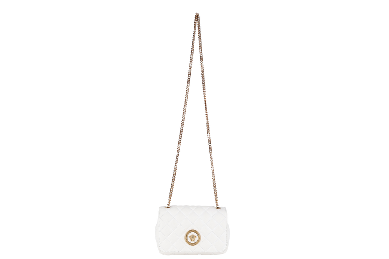 VERSACE MEDUSA SMALL WHITE NAPPA QUILTED LEATHER CROSSBODY GOLD HARDWARE WITH DUST COVER
