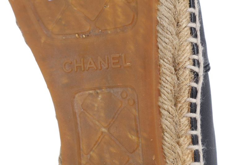 CHANEL ESPADRILLES SHOES BLACK LEATHER SIZE 38 WITH DUST COVER