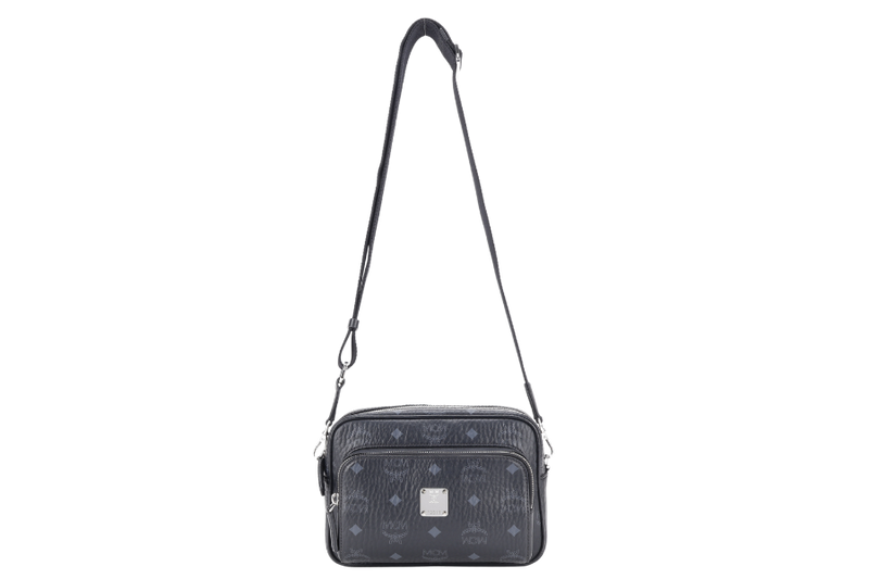 MCM AREN CROSSBODY IN VISETOS SMALL BLACK LEATHER SILVER HARDWARE WITH DUST COVER