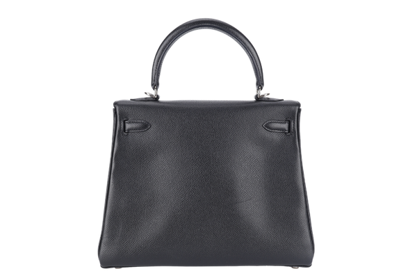 HERMES KELLY 25 RETOURNE BLACK EPSOM SILVER HARDWARE STAMP H (2004) WITH LOCK, KEYS, STRAPS AND DUST COVER