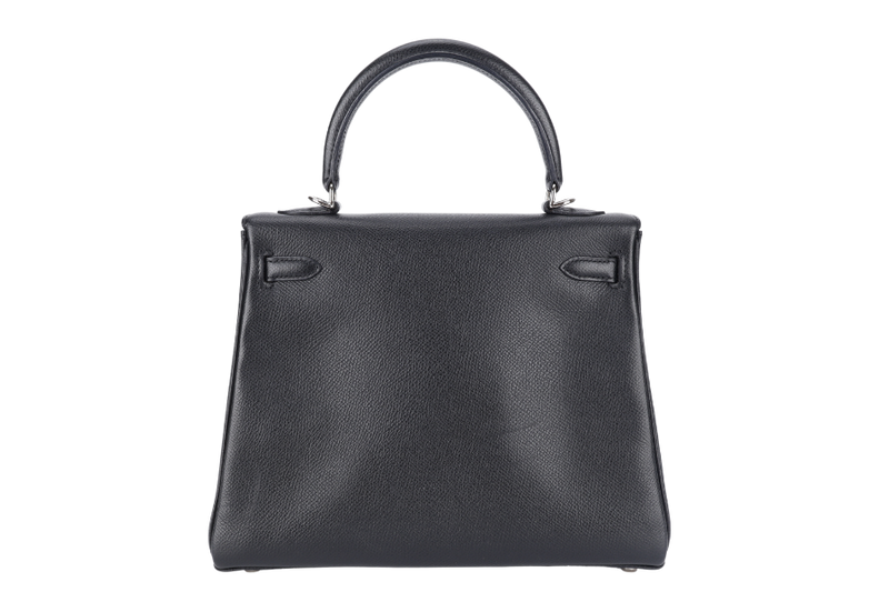 HERMES KELLY 25 RETOURNE BLACK EPSOM SILVER HARDWARE STAMP H (2004) WITH LOCK, KEYS, STRAPS AND DUST COVER