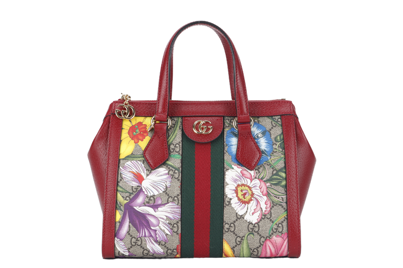 GUCCI GG FLORA WEB 2WAY BAG (547551 525040) SMALL RED LEATHER GOLD HARDWARE WITH STRAP AND DUST COVER