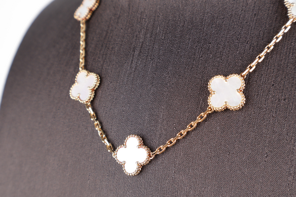 VAN CLEEF & ARPELS 18K YELLOW GOLD MOTHER OF PEARL 10 MOTIFS VINTAGE ALHAMBRA NECKLACE WITH DUST COVER AND CERTIFICATE