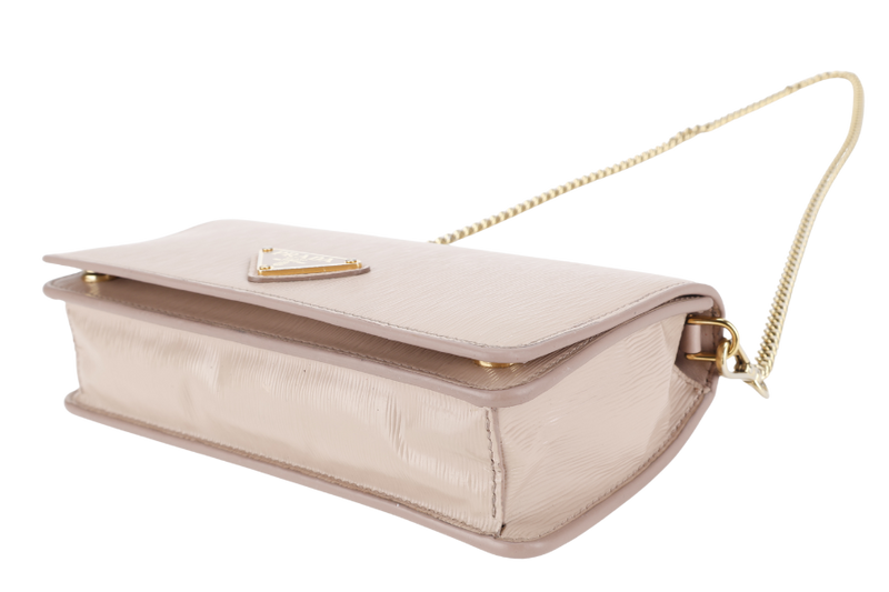 PRADA BANDOLIERA TRIANGLE LOGO HANDBAG MINI BEIGE LEATHER GOLD HARDWARE WITH DUST COVER AND BOX