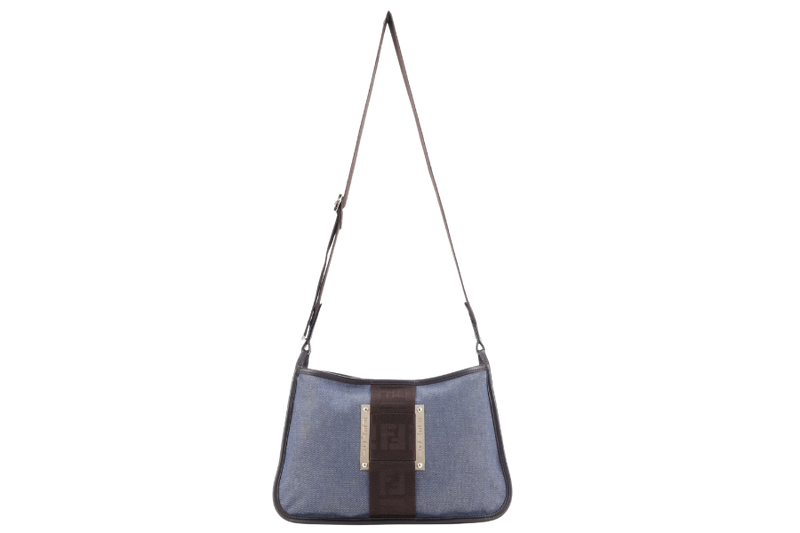 FENDI AB02827 BLUE DENIM CROSSBODY BAG BROWN DARK BROWN GOLD HARDWARE WITH STRAPS