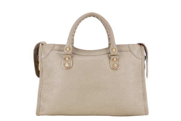BALENCIAGA SMALL METALLIC EDGE CLASSIC CITY TOTE BEIGE CALFSKIN LEATHER GOLD HARDWARE WITH DUST COVER, STRAPS AND MIRROR