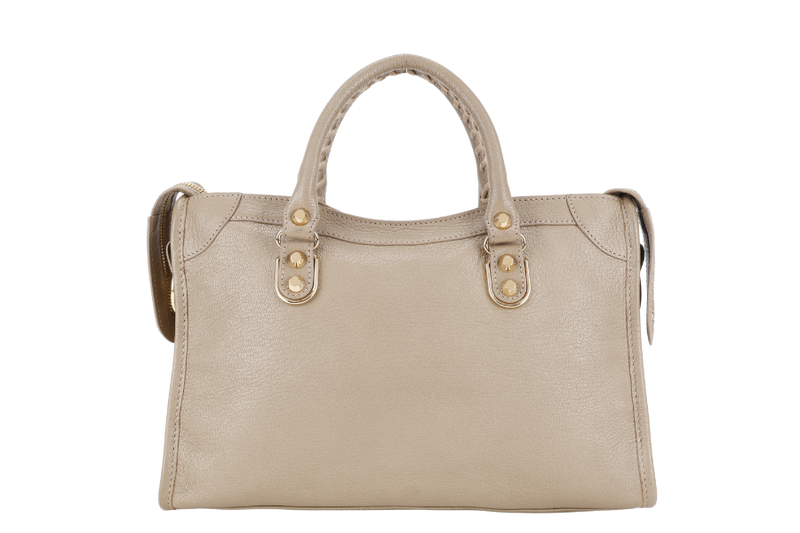 BALENCIAGA SMALL METALLIC EDGE CLASSIC CITY TOTE BEIGE CALFSKIN LEATHER GOLD HARDWARE WITH DUST COVER, STRAPS AND MIRROR