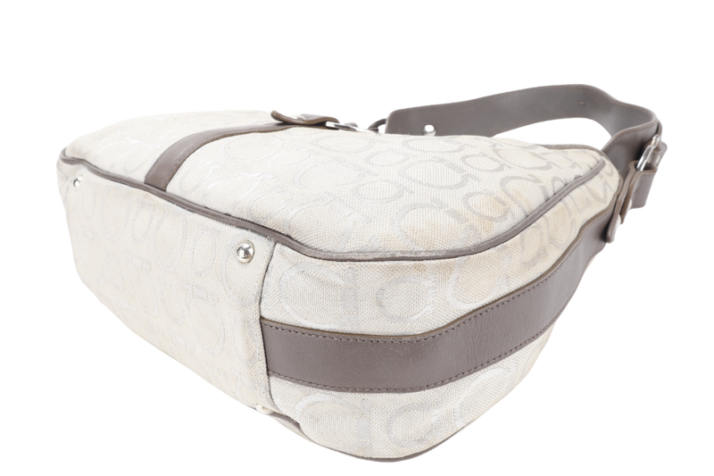 SALVATORE FERRAGAMO GANCINI GREY CANVAS WITH BROWN LEATHER LINING SILVER HARDWARE WITH DUST COVER