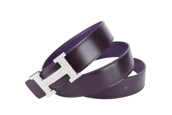 HERMES H BELT DIAMOND STUDDED SILVER HARDWARE BUCKLE WITH 90-95CM REVERSIBLE BELT WITH BOX