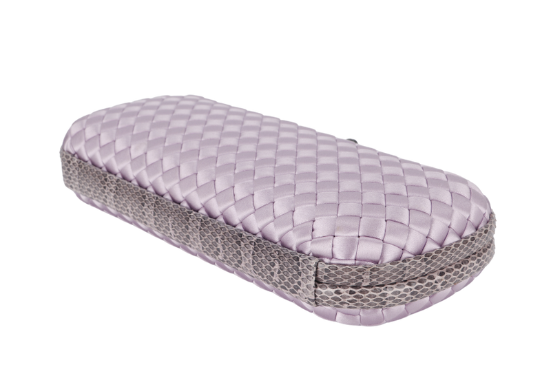 BOTTEGA VENETA KNOT CLUTCH MEDIUM LILAC SATIN BLACK HARDWARE WITH DUST COVER