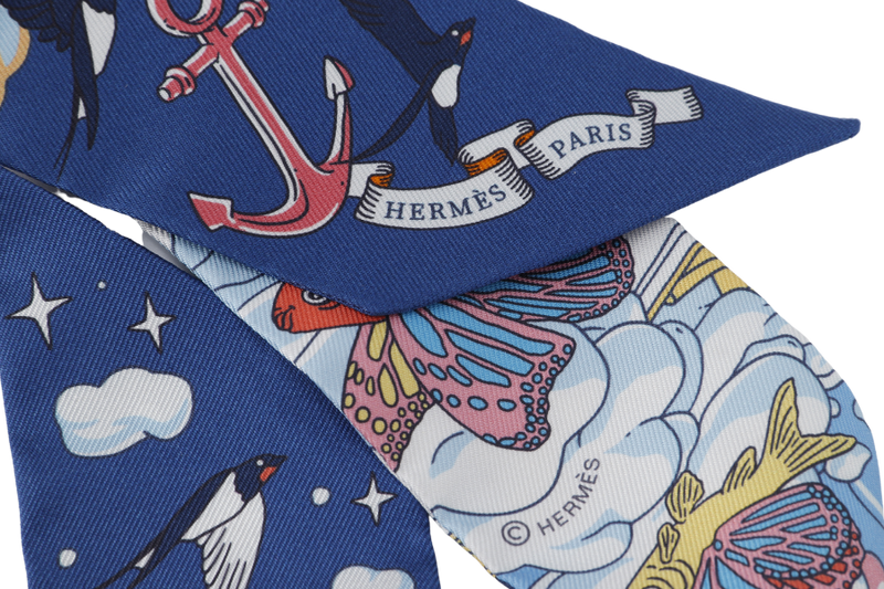 HERMES TWILLY SCARF BAG ACCESSORY MARIN CLAIR BLUE WHITE SILK WITH BOX