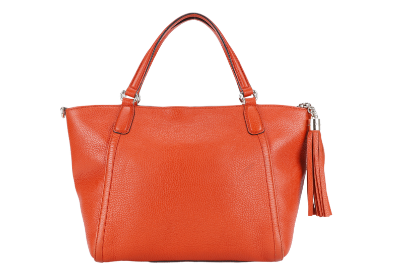 GUCCI SOHO TOP HANDLE BAG SUN ORANGE CALF LEATHER SILVER HARDWARE WITH LONG STRAPS NO DUST COVER