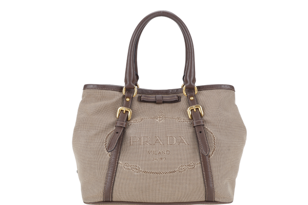 PRADA LOGO JACQUARD MEDIUM CANVAS CORDA BRUCIA GOLD HARDWARE WITH LONG STRAPS, CARD AND DUST COVER