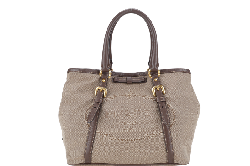 PRADA LOGO JACQUARD MEDIUM CANVAS CORDA BRUCIA GOLD HARDWARE WITH LONG STRAPS, CARD AND DUST COVER