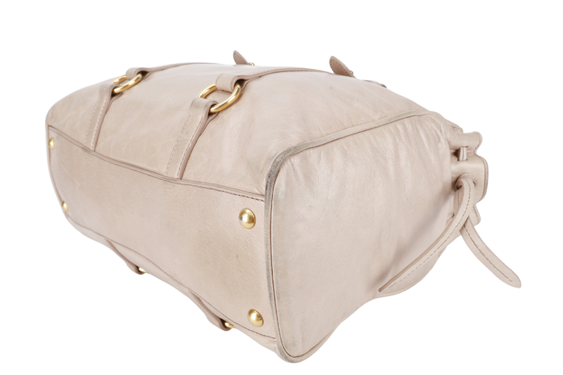 MIU MIU VITELLO LUX LARGE BEIGE BOWLER BAG GOLD HARDWARE WITH LEATHER STRAPS AND DUST COVER