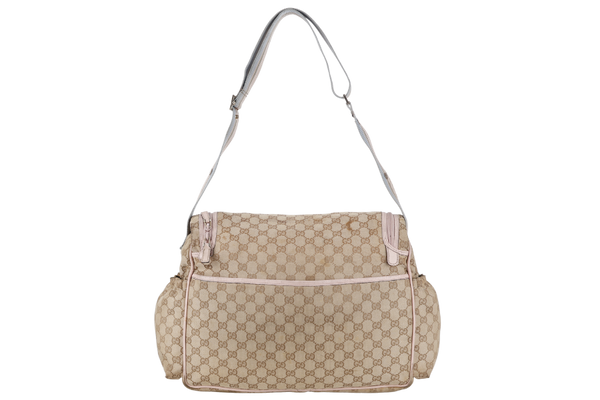 GUCCI DIAPER BAG 123326.002058 LARGE BEIGE & PINK GG MONOGRAM CANVAS GOLD HARDWARE WITH DUST COVER