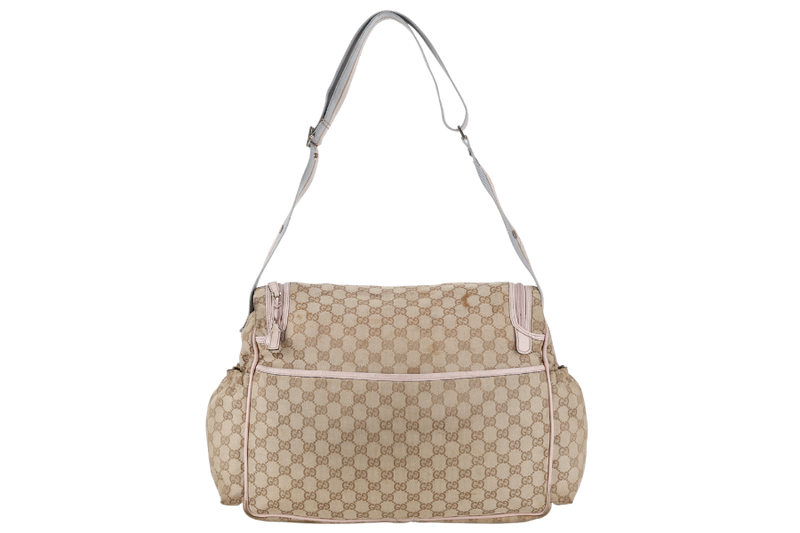 GUCCI DIAPER BAG 123326.002058 LARGE BEIGE & PINK GG MONOGRAM CANVAS GOLD HARDWARE WITH DUST COVER