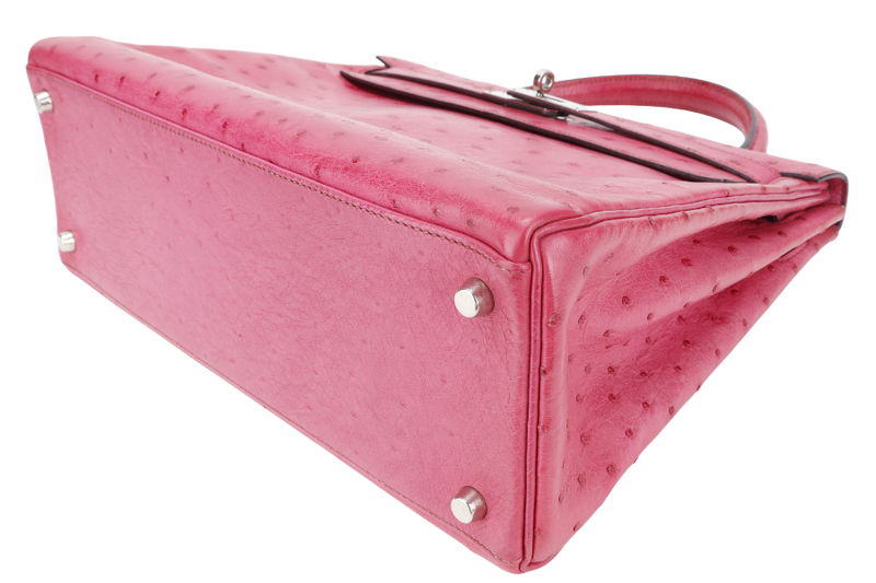 HERMES KELLY 32 RETOURNE FUCHSIA OSTRICH PHW STAMP I (YEAR 2005) WITH STRAPS AND DUST COVER