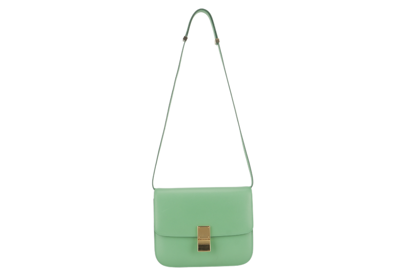 CELINE GREEN GOATSKIN MEDIUM CLASSIC BOX FLAP BAG IN PALM GOLD HARDWARE WITH STRAPS, DUST COVER AND BOX