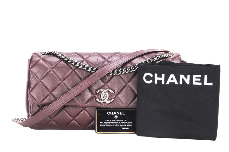 CHANEL LADY PEARLY FLAP (1690xxxx) BURGUNDY DISTRESSED LEATHER SILVER HARDWARE WITH CARD, DUST COVER & BOX