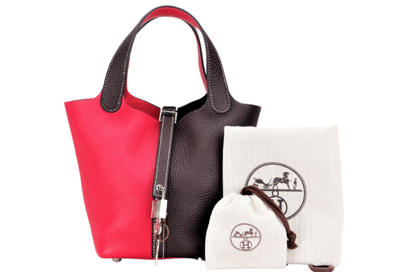 HERMES PICOTIN 18CM (STAMP Z 2021) ROUGE SELLIER & FRAMBOISE SILVER HARDWARE WITH DUST COVER & BOX