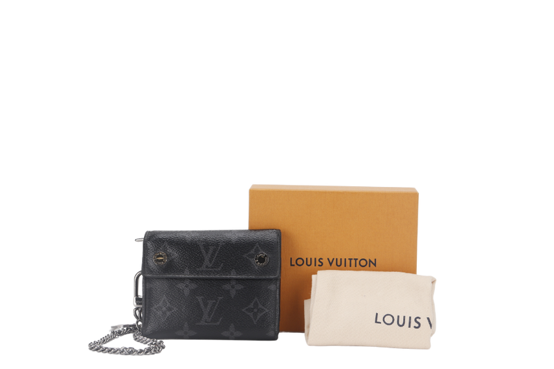 LOUIS VUITTON RIVET CHAIN COMPACT WALLET MONOGRAM ECLIPSE SILVER HARDWARE WITH DUST COVER AND BOX