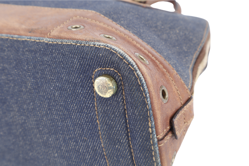 CHRISTIAN DIOR STREET CHIC TROTTER BAG BROWN LEATHER BLUE DEMIN GOLD HARDWARE NO DUST COVER