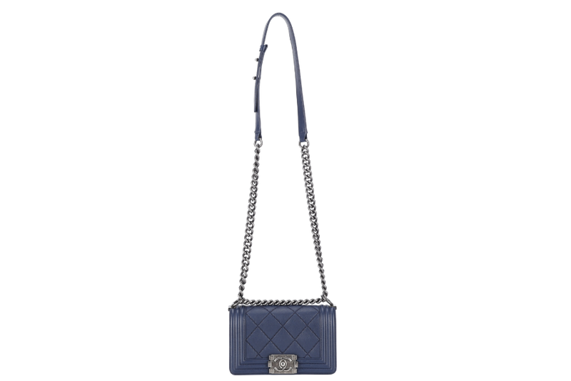 CHANEL DOUBLE STITCH BOY SMALL NAVY BLUE CALFSKIN RUTHENIUM HARDWARE (1877xxxx) (YEAR 2013-2014) WITH CARD AND DUST COVER