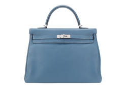 HERMES KELLY 35 BLUE COLVERT CLEMENCE LEATHER SILVER HARDWARE STAMP Q (YEAR 2013) WITH STRAPS, KEYS & LOCK , BOX AND PAPER BAG (NO DUST COVER)