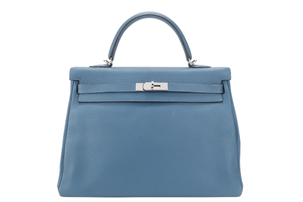 HERMES KELLY 35 BLUE COLVERT CLEMENCE LEATHER SILVER HARDWARE STAMP Q (YEAR 2013) WITH STRAPS, KEYS & LOCK , BOX AND PAPER BAG (NO DUST COVER)