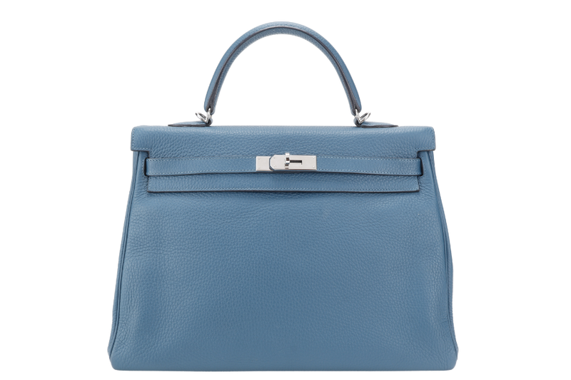 HERMES KELLY 35 BLUE COLVERT CLEMENCE LEATHER SILVER HARDWARE STAMP Q (YEAR 2013) WITH STRAPS, KEYS & LOCK , BOX AND PAPER BAG (NO DUST COVER)