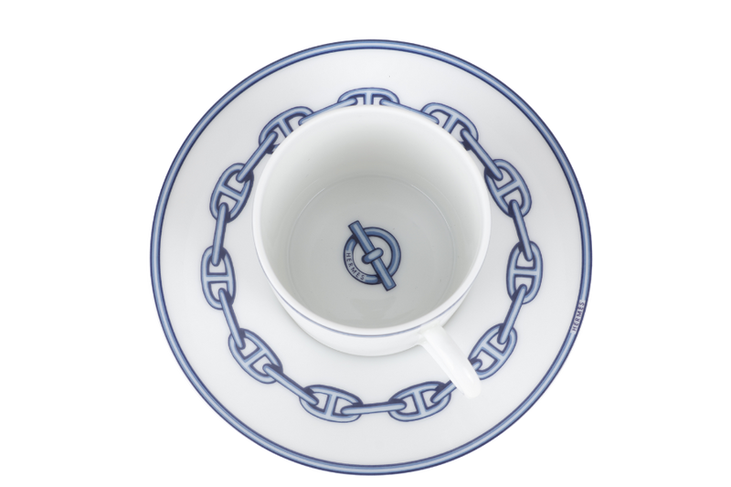 HERMES CHAINE D'ANCRE BLUE CERAMIC CUP AND SAUCER