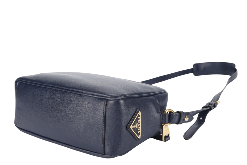 PRADA CAMERA CROSSBODY BAG (1BH089) NAVY BLUE GLACE CALF LEATHER GOLD HARDWARE WITH DUST COVER AND CARD