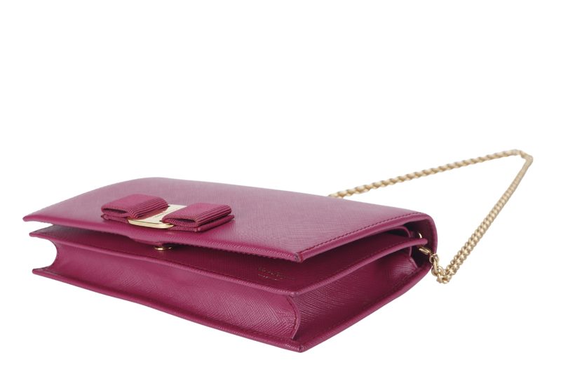 SALVATORE FERRAGAMO MISS VARA BOW CROSSBODY WALLET ON CHAIN (KM22B850) DARK PINK LEATHER GOLD HARDWARE WITH BOX