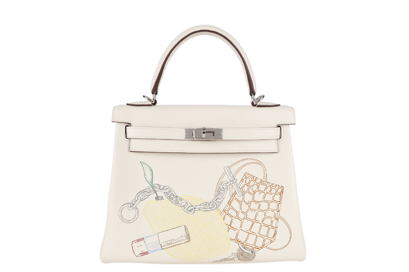HERMES KELLY 25 IN AND OUT NATA COLOR SWIFT LEATHER SILVER HARDWARE STAMP Z (YEAR 2021) WITH STRAPS, KEYS, LOCK, DUST COVER AND BOX