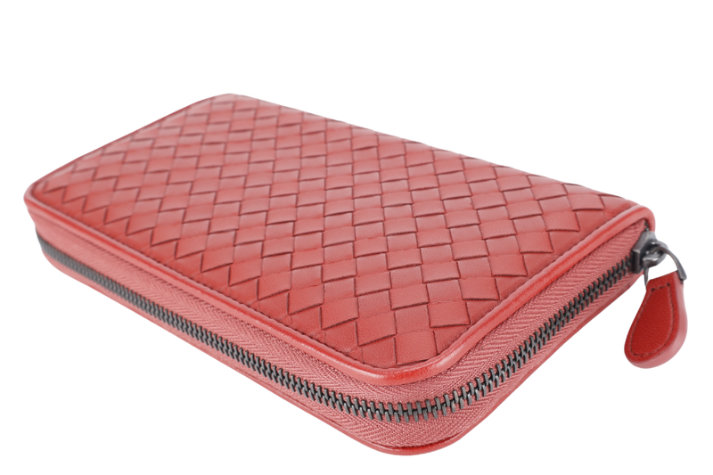 BOTTEGA VENETA INTRECCIATO RED ZIP AROUND WALLET B06817611U WITH DUST COVER AND BOX