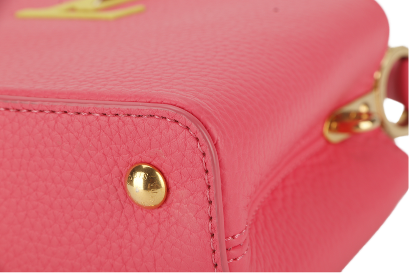 LOUIS VUITTON MINI CAPUCINES (M59440) PINK-LIME TAURILLON LEATHER GOLD HARDWARE MICROCHIP WITH STRAP, DUST COVER AND BOX