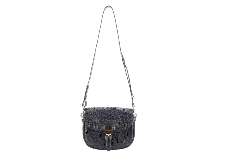 CHRISTIAN DIOR BOBBY FLORAL MOTIF (05-RU-0211) MEDIUM BLACK LEATHER GOLD HARDWARE WITH STRAPS, CARD AND BOX