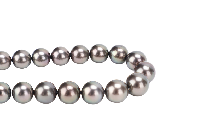 TASAKI BLACK PEARL NECKLACE 56.4G 8.0-11.0MM SV SETTINGS 46CM WITH BOX