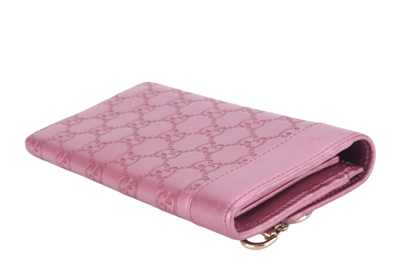 GUCCI GUCCISIMA HEART CHARM PINK LEATHER LONG WALLET GOLD HARDWARE WITH DUST COVER