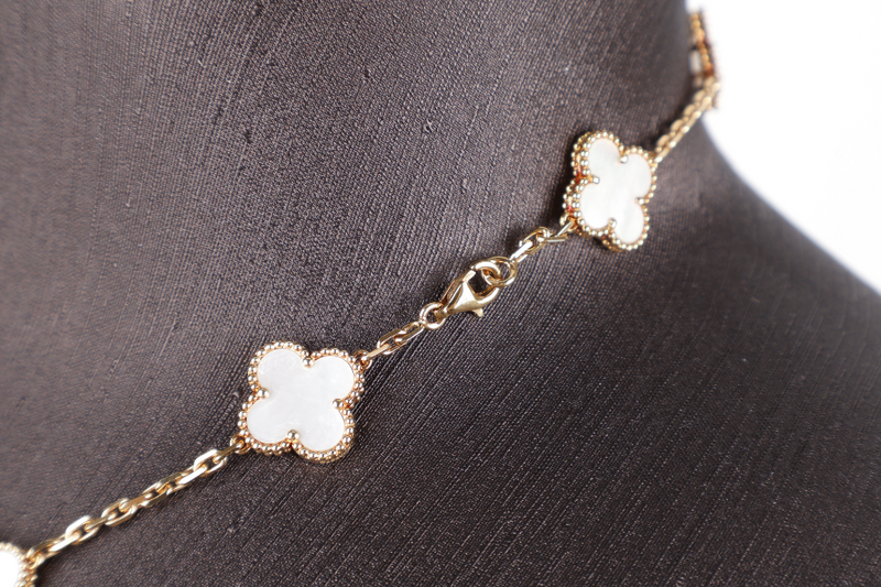 VAN CLEEF & ARPELS 18K YELLOW GOLD MOTHER OF PEARL 10 MOTIFS VINTAGE ALHAMBRA NECKLACE WITH DUST COVER AND CERTIFICATE